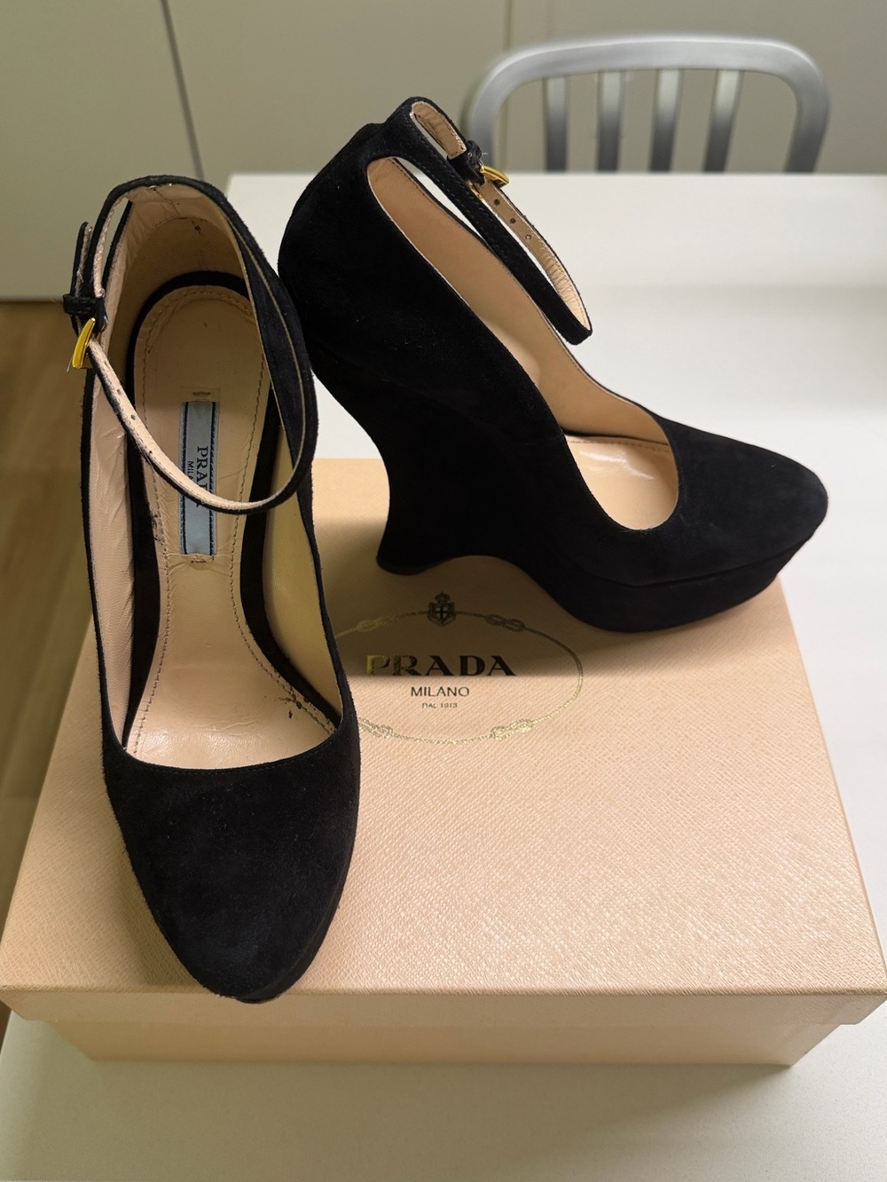 Prada Black Suede Platform Wedge Heels Ankle Strap Size 38 (US 8) With Box - Picture 2 of 10
